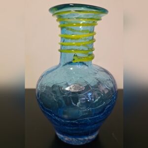 Blue Blenko Handcraft Blown Glass Vase with Yellow Accents
